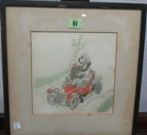 J C Graham Illingworth (b.1953), Whacky races, pencil, crayon and watercolour, signed, 22cm x 21cm.   J1