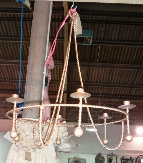 A pair of 20th century gold painted metal rope twist six branch chandeliers, 72cm high, (2).  I5