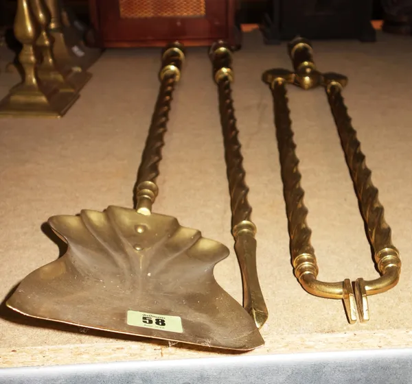 A set of three brass fire irons with spiral twist stems, (3).   S3T