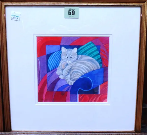 Janet Skea (b.1947), Rozanne: A cat resting in an armchair, watercolour, signed, 14.5cm x 15cm.    J1