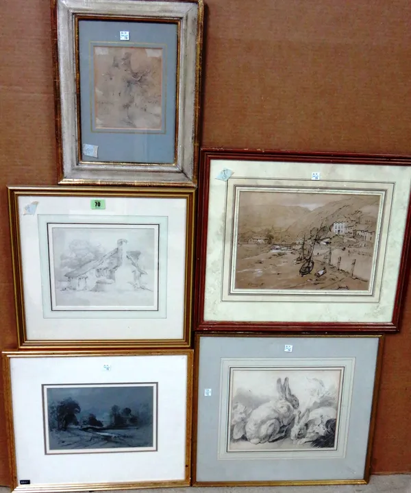 A group of five 19th century drawings, including a view of Lynmouth, a landscape, a tree study, and a study of rabbits.(5)  J1