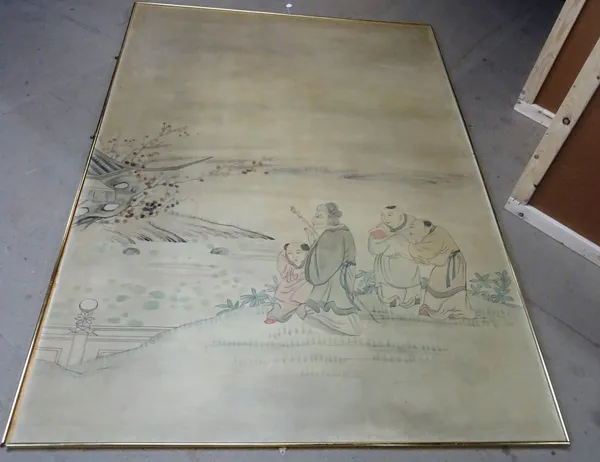 A set of four Chinese allegorical panels, depicting a story of philosopher and her disciples in a simple dwelling, hand painted on rice paper, each 15