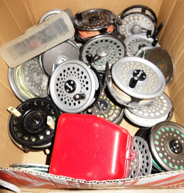 Fishing interest; a large quantity of fly reels and spare spools, including multipliers, (qty). S1M
