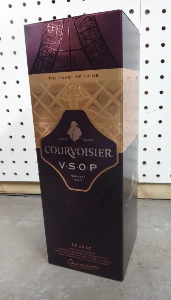 Six bottles of Courvoisier V.S.O.P. cognac, two bottles of Jim Beam 'Red Stag' whiskey, two Famous Grouse blended Scotch whisky, three barrels VSOP co
