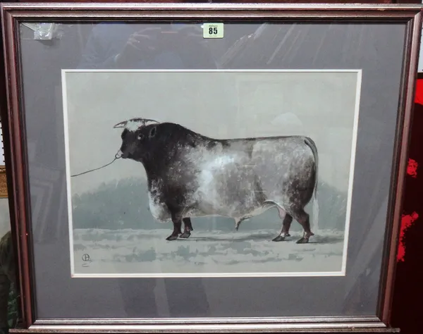English Naive School (19th/20th century), A prize bull, watercolour, signed with monogram, 34cm x 46cm.   I1