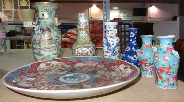 Asian ceramics, including; six assorted 19th century and later Chinese vases and a circular plate.