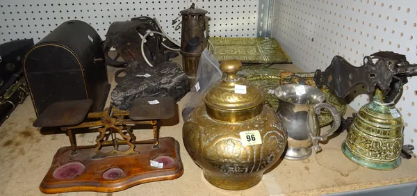 Collectables, including; 19th century cart horse blinkers, Indian embossed brass plaques, postal scales, a miner's lamp, an Asian brass lidded pot and