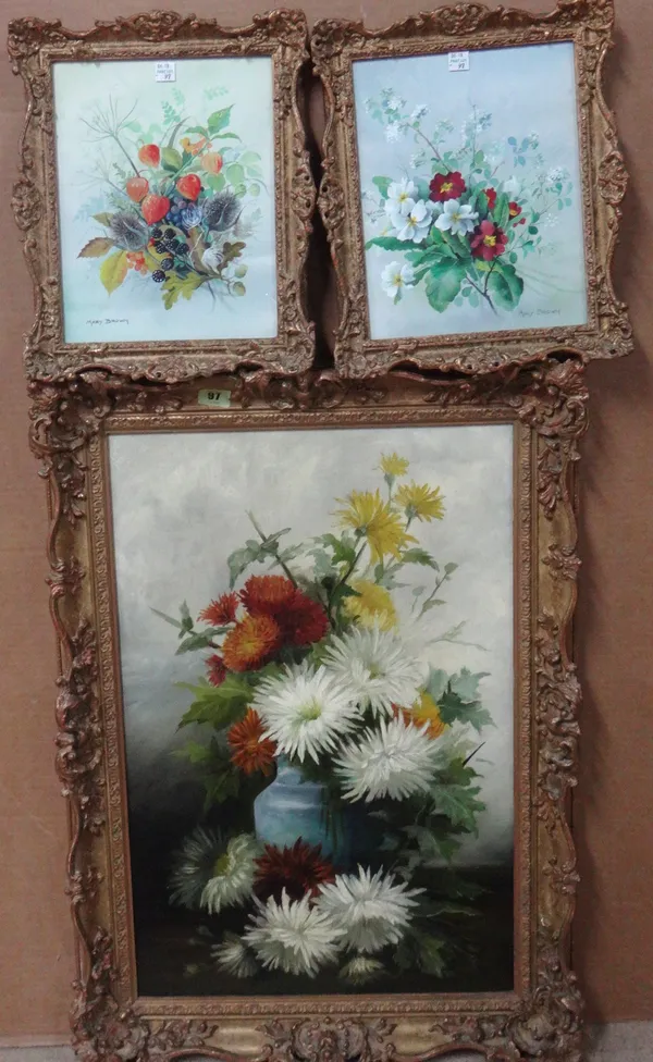 J. Johnsen (late 19th century), Still life of chrysanthemums, oil on canvas, signed and dated 1896, 59cm x 39cm.; together with two further watercolou