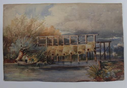 Attributed to William James Muller (1812-1845), Eel traps on the Thames, watercolour, bears a signature and date, unframed, 42cm x 27.5cm.