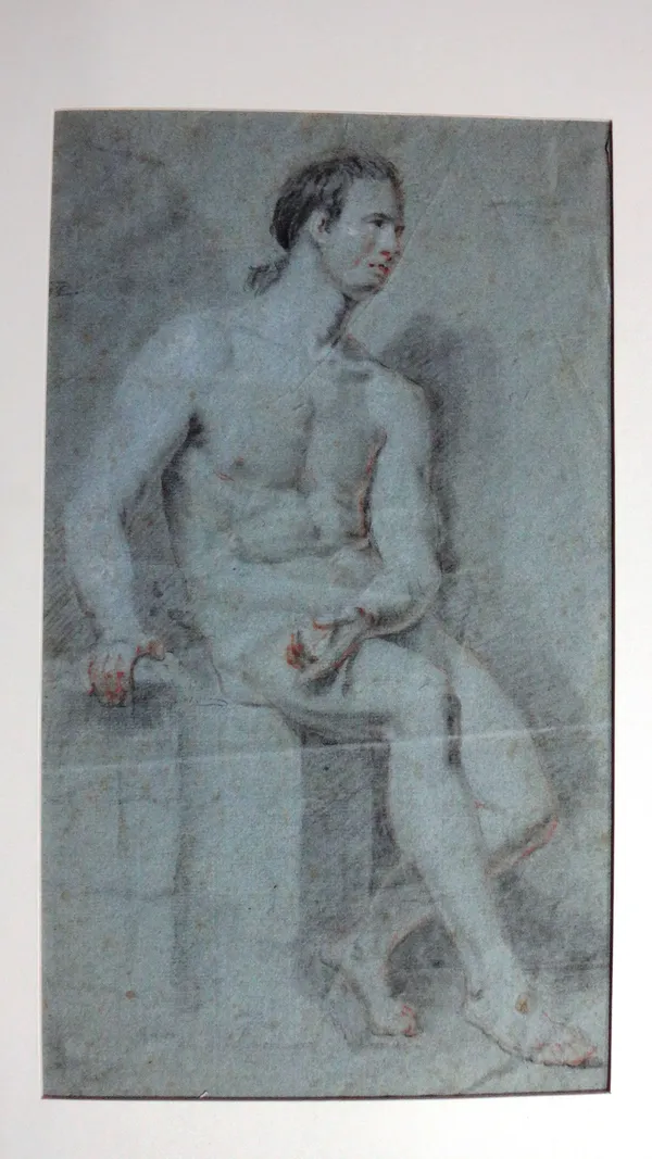 Attributed to William Etty (1787-1849), Male nude, chalks on grey paper, unframed, 35.5cm x 20.5cm.