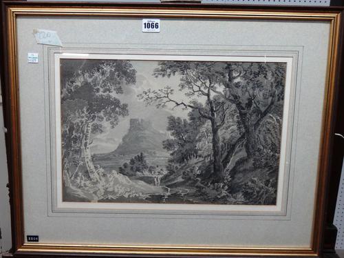 Rev. James Bourne (1773-1854), View of a castle through tress, monochrome watercolour, 27cm x 41cm.