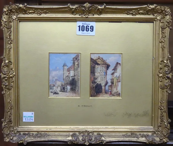 Circle of Samuel Prout, Continental street scenes, a pair, watercolour, framed as one, each 8cm x 5cm.; together with a further watercolour of a Venet