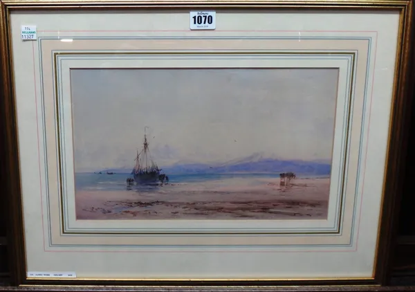 James Webb (1825-1895), A Coastal scene, Sunset, watercolour, inscribed on label on reverse, 20cm x 33cm.