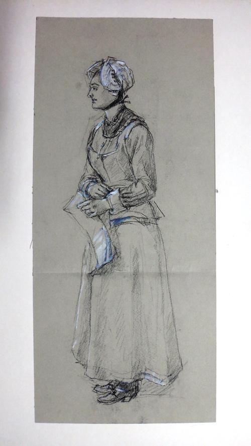 Eyre Crowe (1824-1910), Figure studies, charcoal and pencil heightened with white, one signed and dated 1901, all unframed, the largest 47cm x 22cm.(3