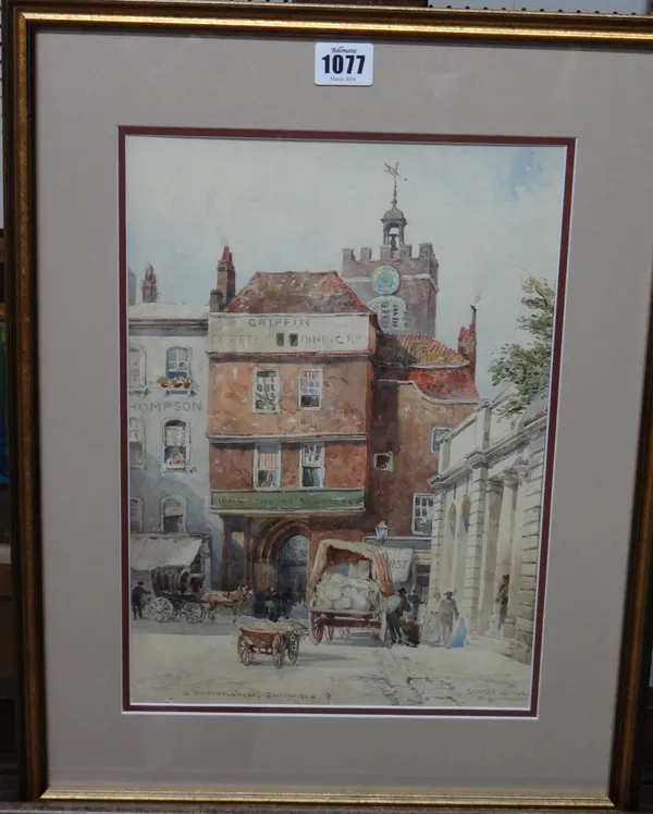 Ernest George (1839-1922), St Bartholemews, Smithfield, watercolour, signed and inscribed, 34.5cm x 24cm.