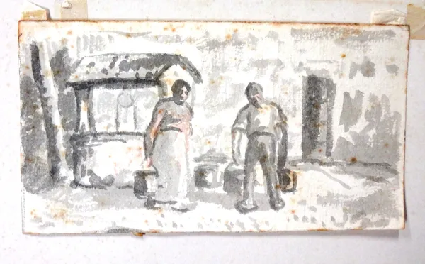 Attributed to Lucien Pissaro (1863-1944), Figures at a Well, watercolour, 8cm x 14cm.; together with two further watercolours attributed to the same h