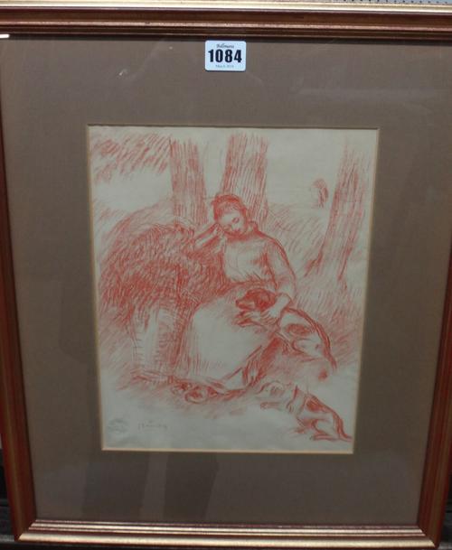 After Pierre Auguste Renoir, Woman with dogs, sanguine lithograph, with blindstamp, 30cm x 23cm.