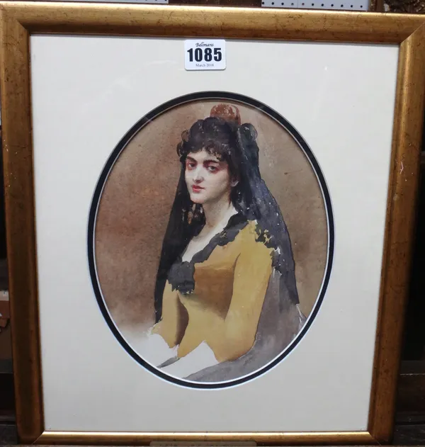 Ethel Badcock (1863-1939), Portrait of a woman in Spanish dress, watercolour, oval, 24cm x 19cm.