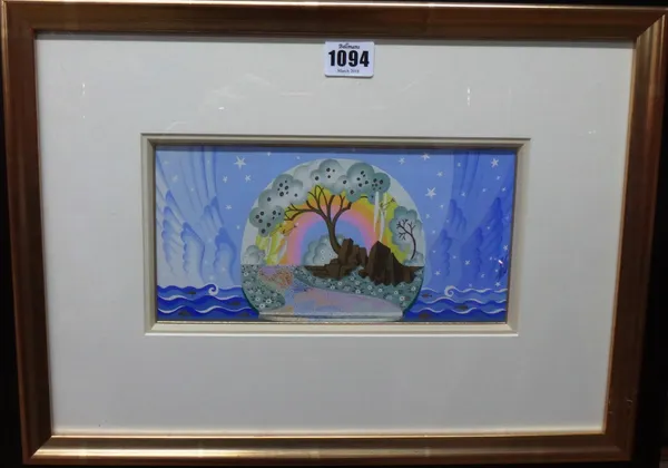 Erté (Romain de Tirtoff 1892-1990), Fantasy seascape with lady firebird; Fantasy Island with angels, a pair, gouache, both signed, each 12cm x 23cm.(2