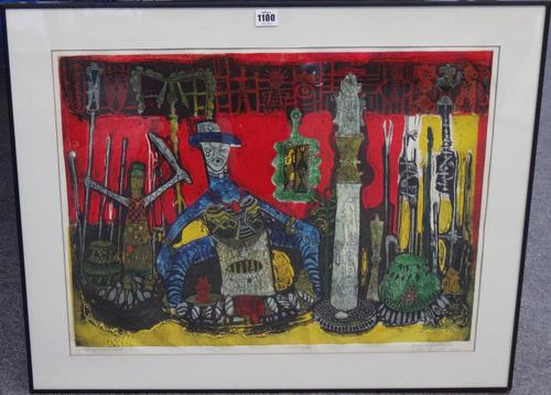 Bruce Onobrakpeya (b.1932), Agbogidi (Red base) plastograph, signed, inscribed, numbered 1/15, dated January 1972, 46cm x 61cm.