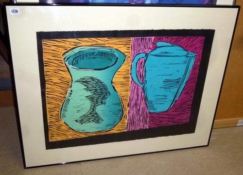 Elaine Kowalsky (British 1948-2005), The Accumulation Of Wealth Through Material Objects, 1987, linocut, signed inscribed and numbered 2/10, 56cm x 76