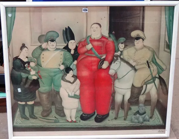 Fernando Botero (b.1932), Family group in an interior, colour print, signed in pencil, 79cm x 96cm.; together with a lithographic exhibition poster fo