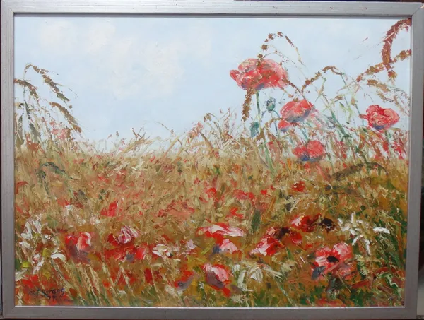 Michael Strang (b.1942), Poppy Field, oil on board, signed and dated '79, 44cm x 59cm. DDS  Illustrated
