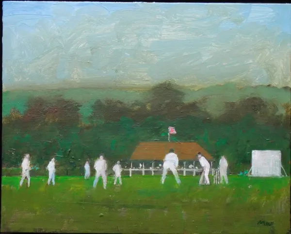Michael Whittlesea (b.1938), A village cricket match, oil on board, ssigned with initials, 20.5cm x 25cm. DDS