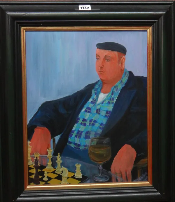 Margaret Loxton (20th century), A French worker playing chess, oil on board, signed, 41cm x 32cm. DDS