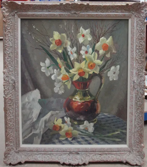 John Thomas Young Gilroy (1898-1985), Still life of daffodils in a copper jug, oil on canvas, signed, 74cm x 62cm. DDS