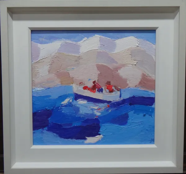 Julian Bailey (b.1963), Figures in a boat at sea, oil on board, signed with initials, 36.5cm x 39.5cm. DDS