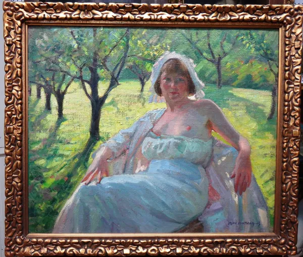 Max Gothard (early 20th century), Woman in an orchard, oil on canvas, signed, 53cm x 64cm.