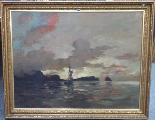 Alexander Frew (d.1908), Sailing boat off the coast at sunset, oil on canvas, signed and dated 1904, 74cm x 98cm.