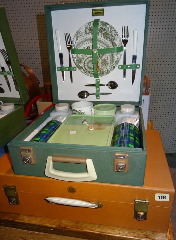 A brown cased Brexton picnic set for four, and another in green for two, (2).  K1