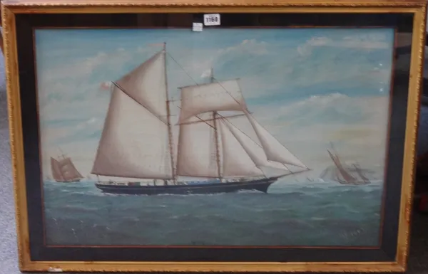 J** L** (early 20th century), The schooner Carrie in full sail, oil on canvas, signed with initials and dated 1902, 49cm x 74cm.