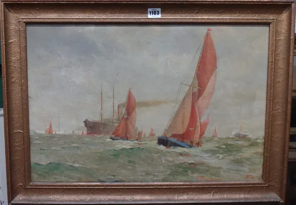 J. Lower (early 20th century), HMS Queen Elizabeth down channel to Torbay, 1919, a pair, oil on canvas, both signed and dated 1920, 40cm x 60cm.(2)
