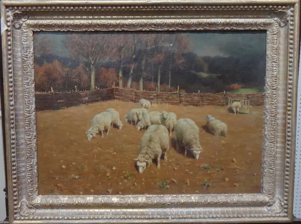 Attributed to Kenneth Teesdale (fl.1900-1913), Sheep grazing, oil on canvas, bears a signature, 36cm x 50cm.