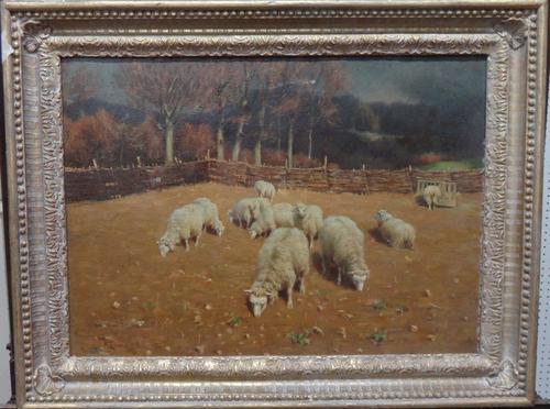 Attributed to Kenneth Teesdale (fl.1900-1913), Sheep grazing, oil on canvas, bears a signature, 36cm x 50cm.