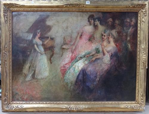 Spanish School (19th/20th century), A private concert, oil on board, 79cm x 109cm.