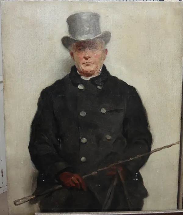 English School (c.1900), A gentleman with a riding crop, oil on canvas, unframed, 50cm x 41cm.