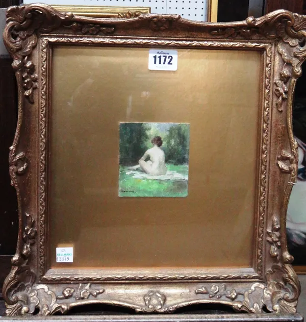 Allan Douglas Davidson (1873-1932), Seated nude, oil on board, signed, 9cm x 7.5cm.