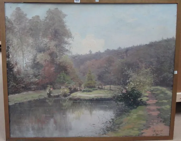 Paul Louis Morizet (1850-?), A wooded pool, oil on canvas, signed and dated 1913, 80cm x 100cm.