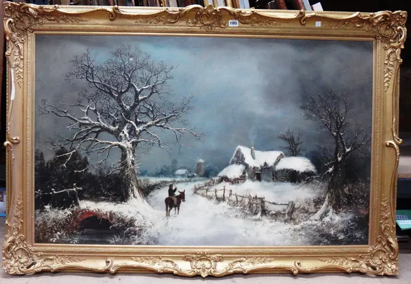 W** Berry (19th century), Boy on a donkey in a snowy winter landscape, oil on canvas, signed and dated 1868, 73cm x 119cm.