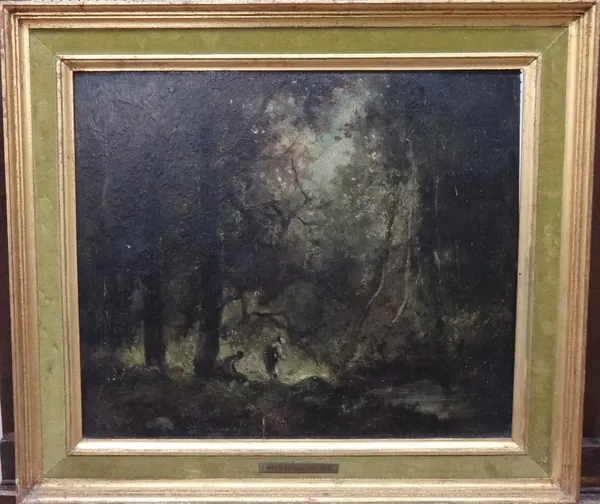 Follower of Narcisse Virgile Diaz de la Pena, Figures in a wooded clearing, oil on panel, 37cm x 44cm.
