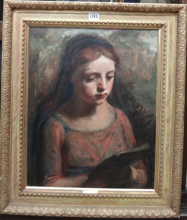 After Jean Baptiste Camille Corot, Portrait of a girl reading a book, oil on canvas, 51cm x 40cm.