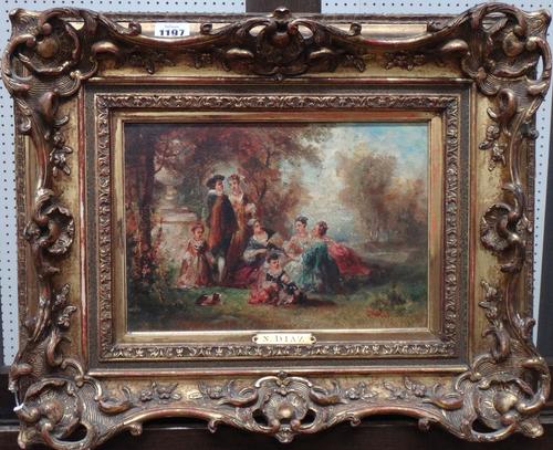 Manner of Narcisse Virgile Diaz de la Pena, Figures in a glade, oil on panel, bears a signature, 20cm x 28cm.