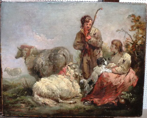 Circle of George Morland, A shepherd and his sweetheart, oil on canvas, bears initials, unframed, 30cm x 38cm.