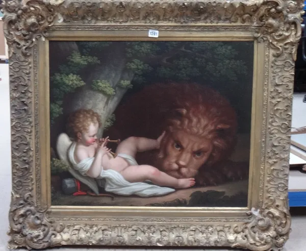 Italian School (18th century), A cherub with a lion, oil on canvas, 58cm x 70cm.  Illustrated