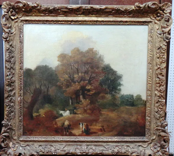 Manner of Thomas Gainsborough, Faggot gatherers in a wooded landscape, oil on canvas, 40cm x 44cm.