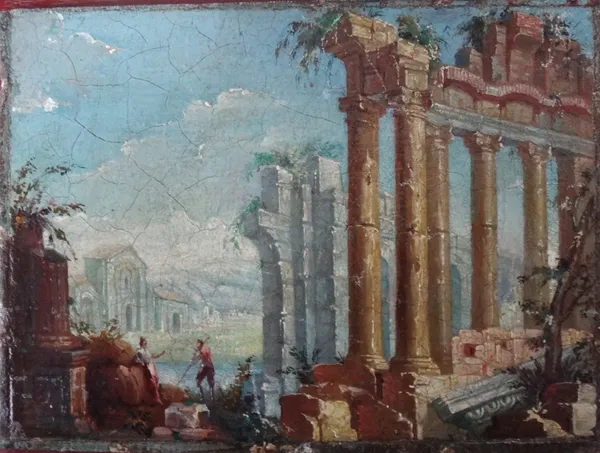 Manner of Guardi, Ruins in the Roman Forum, oil on panel, unframed, 15.5cm x 21cm.
